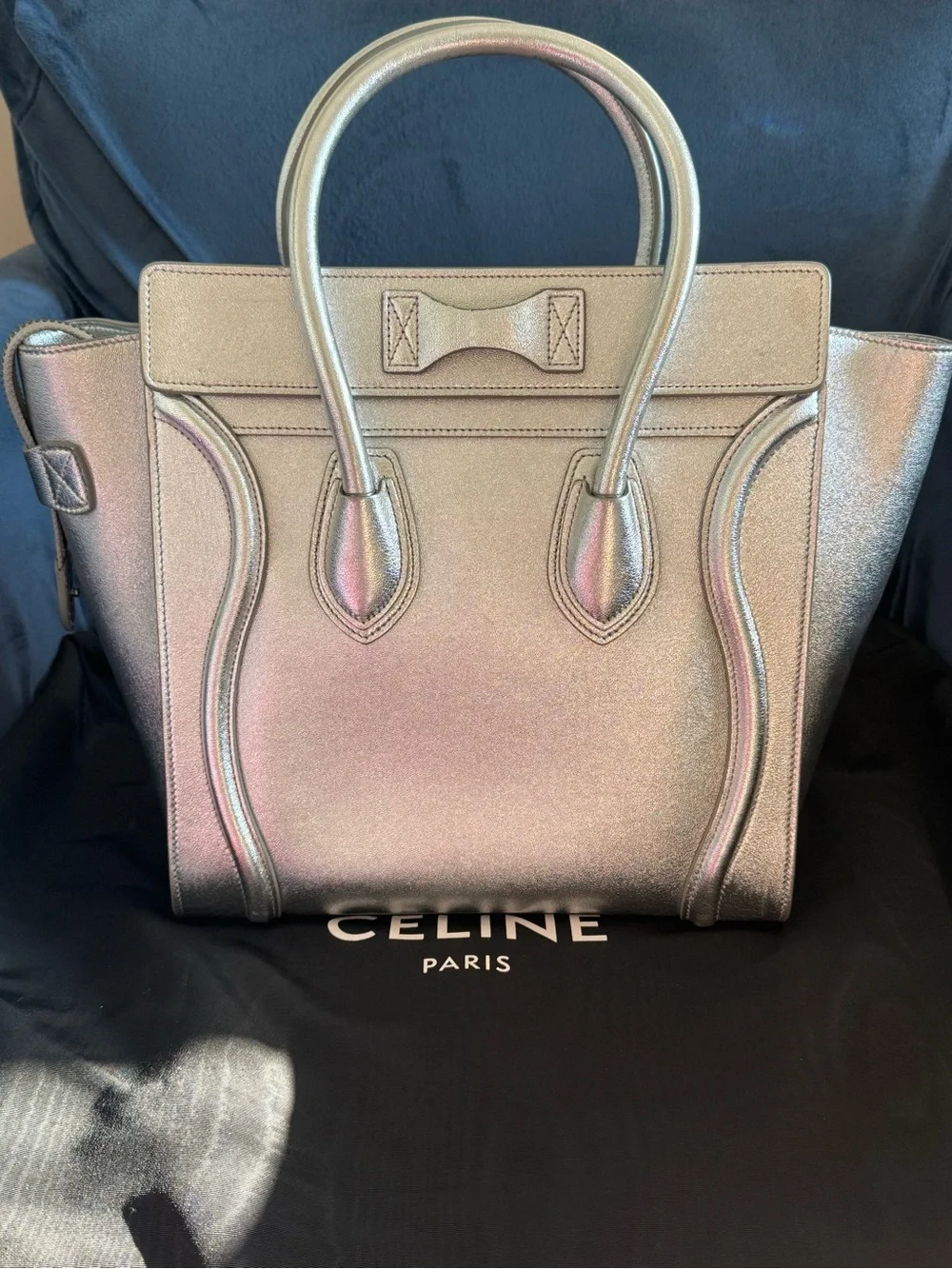 Celine metallic silver leather LUGGAGE Micro tote EUC! 🌟 😍